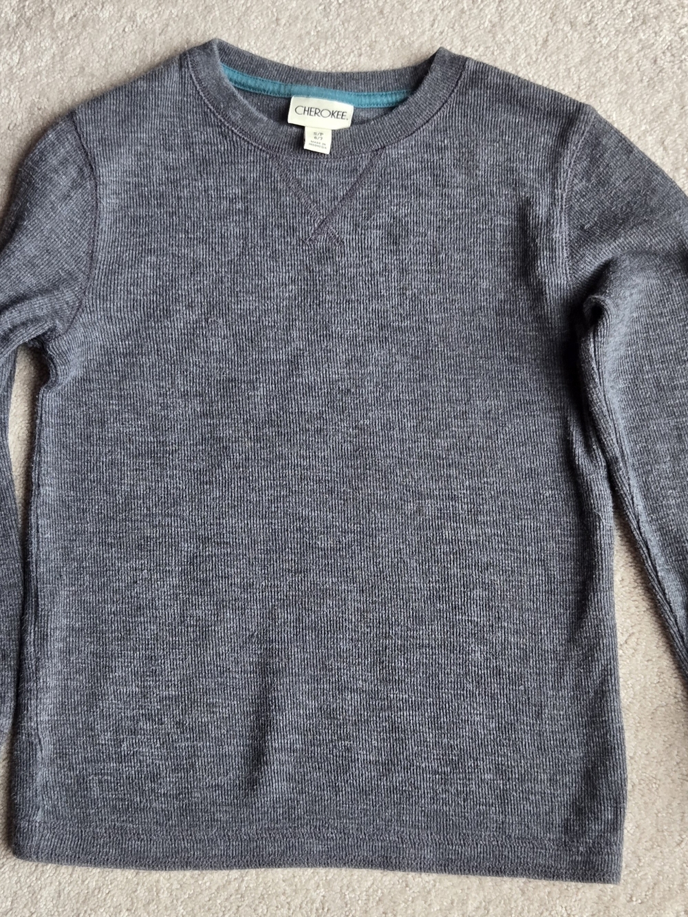 Cherokee Gray Long Sleeve Ribbed Crewneck with Teal Trim